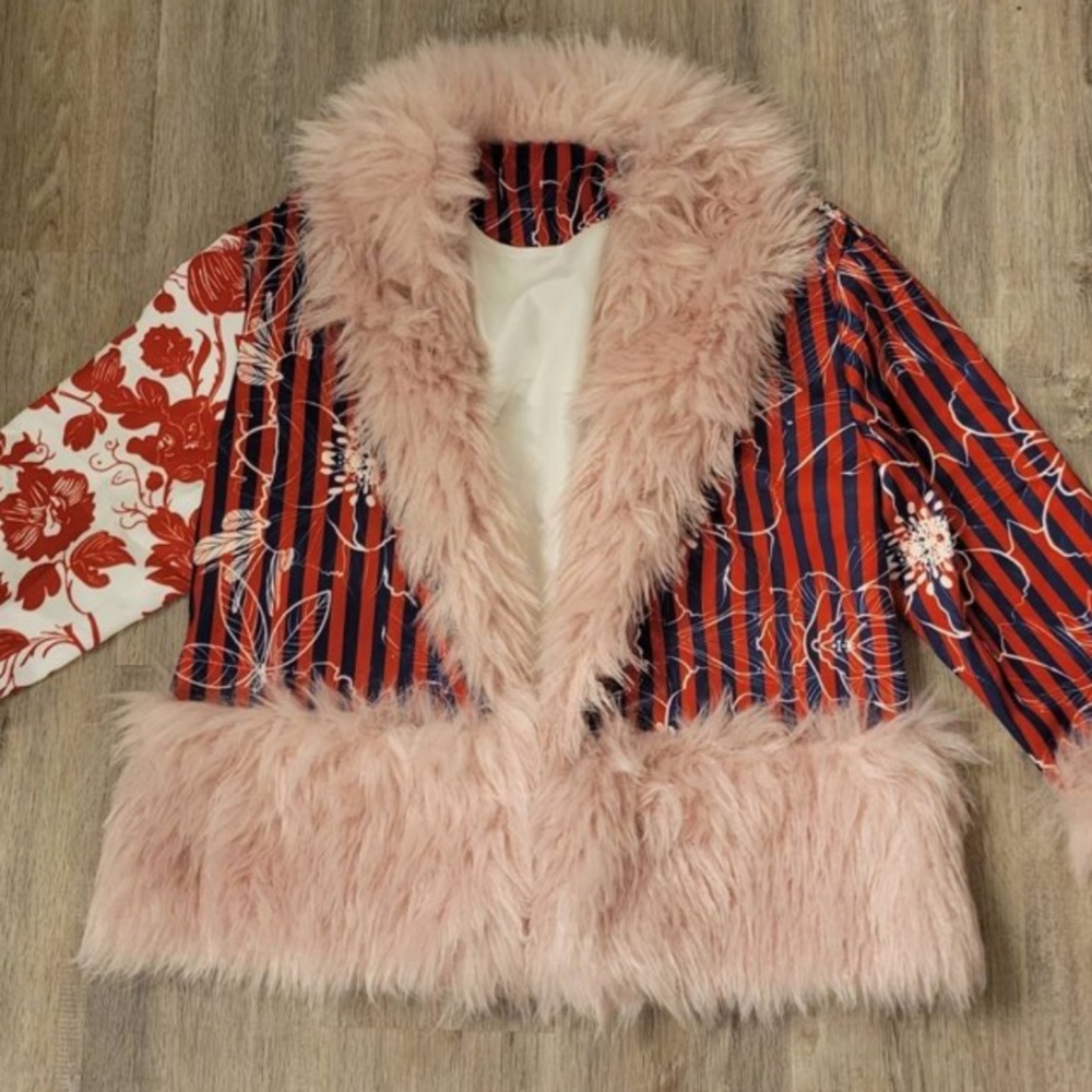Boho Faux Fur Floral Print Long Sleeve Jacket Coat - Picture 8 of 9